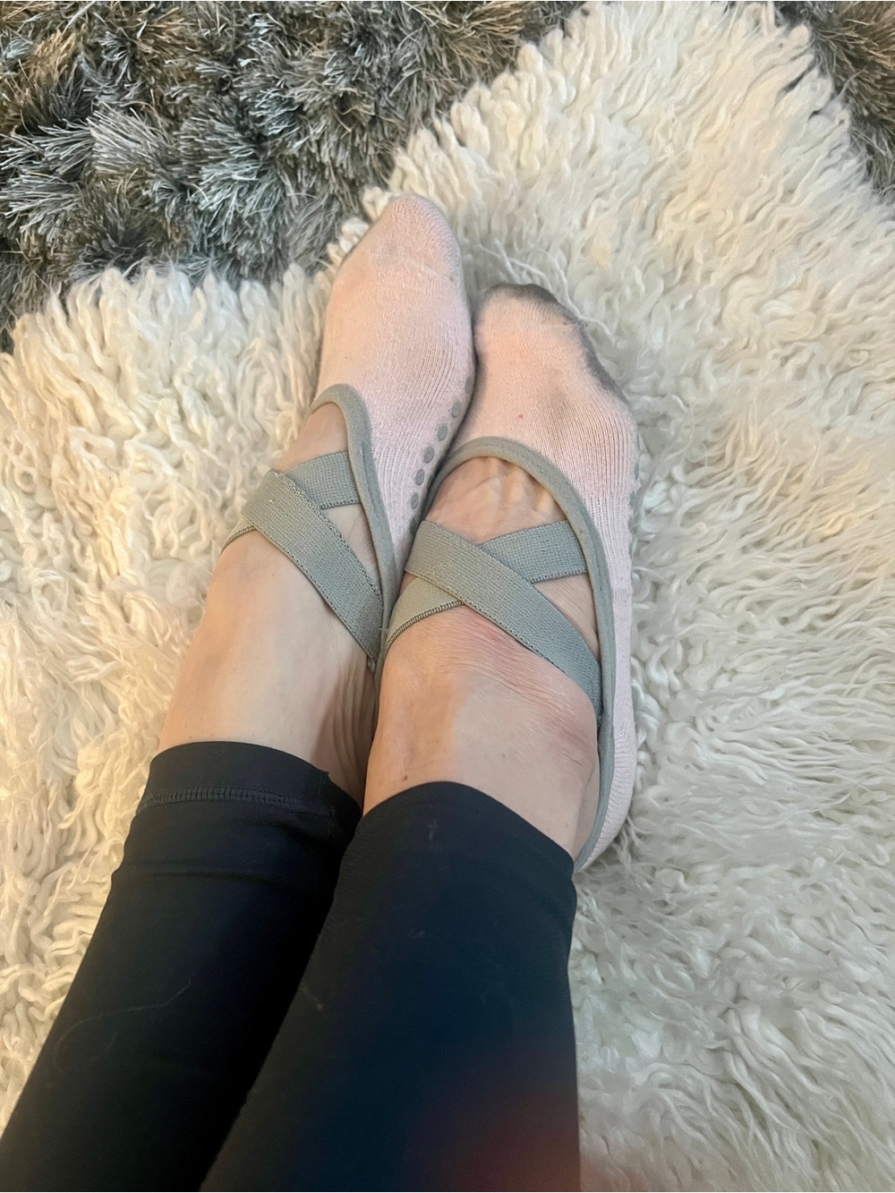 Women’s Well-worn Pink Ballet Slippers with Gray Elastic Straps, snug fit!